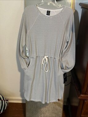 Striped Drawstring Waist Casual Dress - White & Light Gray